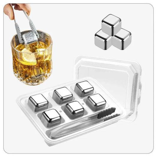 6-Piece Stainless Steel Ice Cube Kit with Silicone Tongs and Tray with Lid